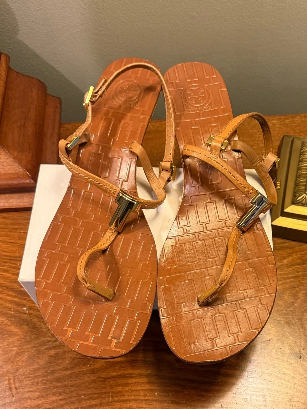 Tory Burch Pauline T Tan Leather Cork Wedge Sandals Size 10.5 $265